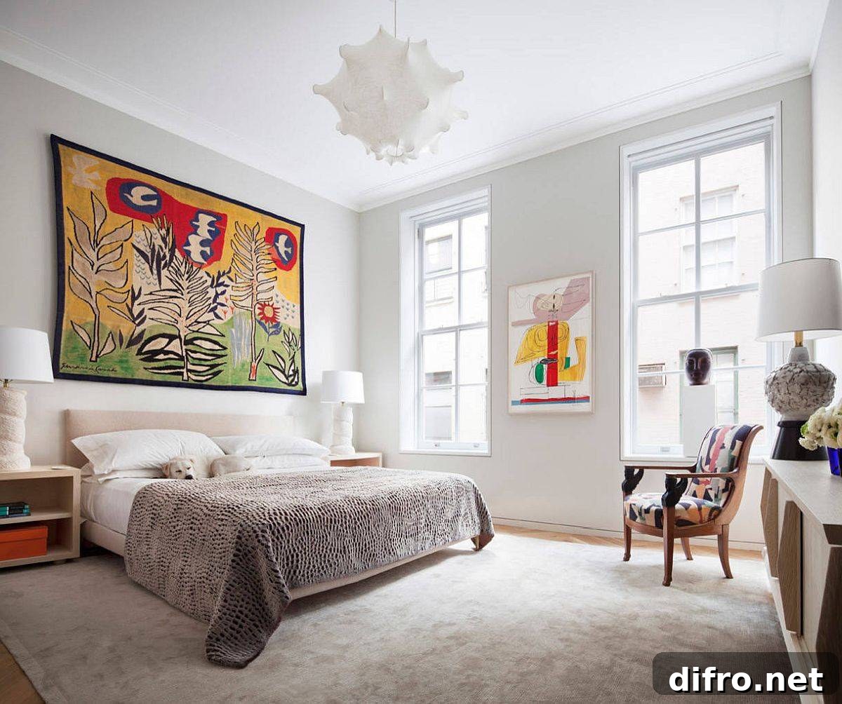 Relaxing bedroom with white backdrop and colorful wall art
