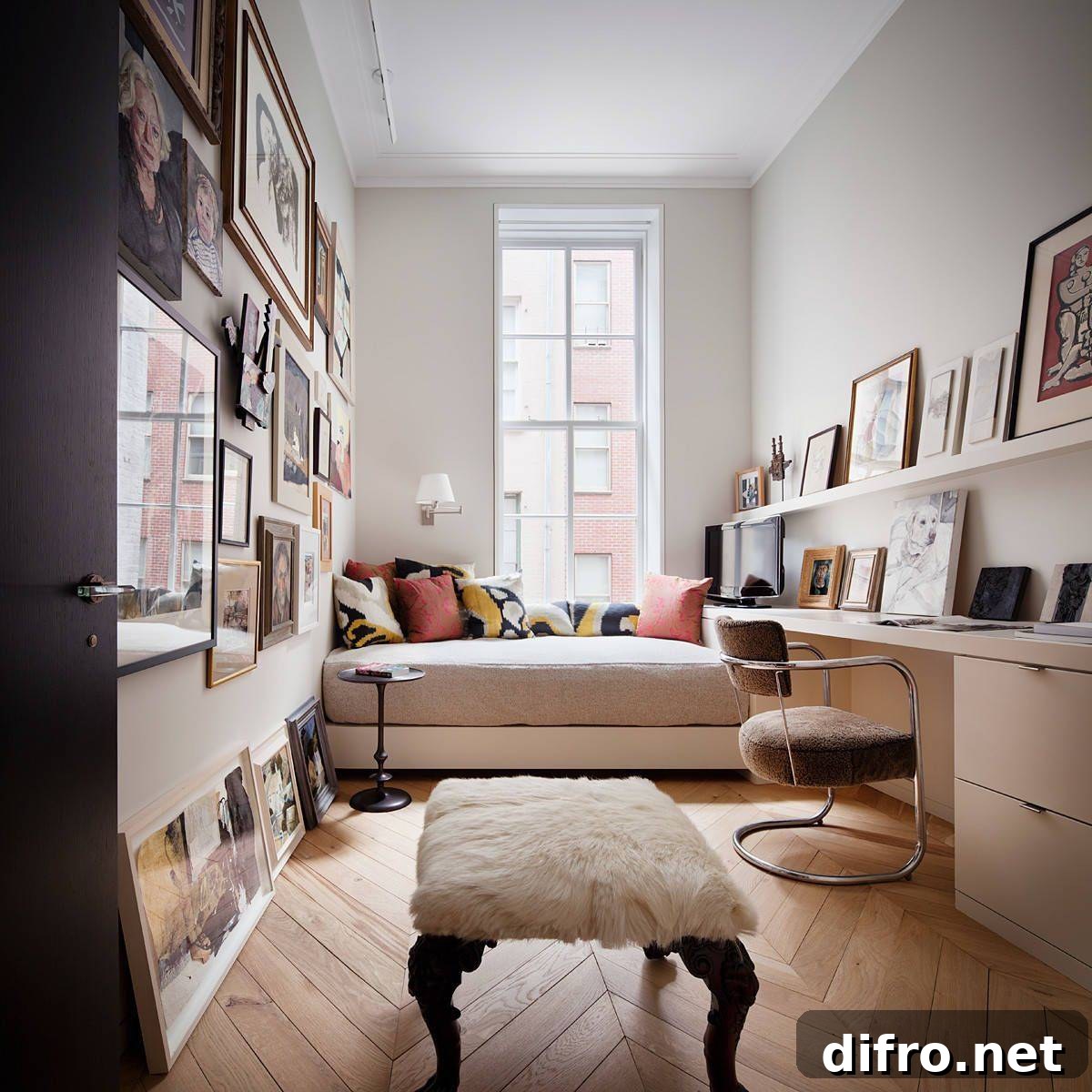 Small home office with platform bed and framed photographs