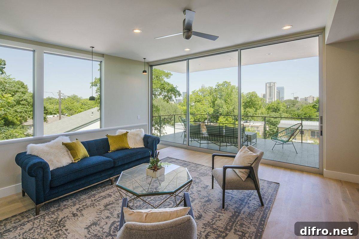 Living area on the upper level with sliding glass doors leading to the covered balcony