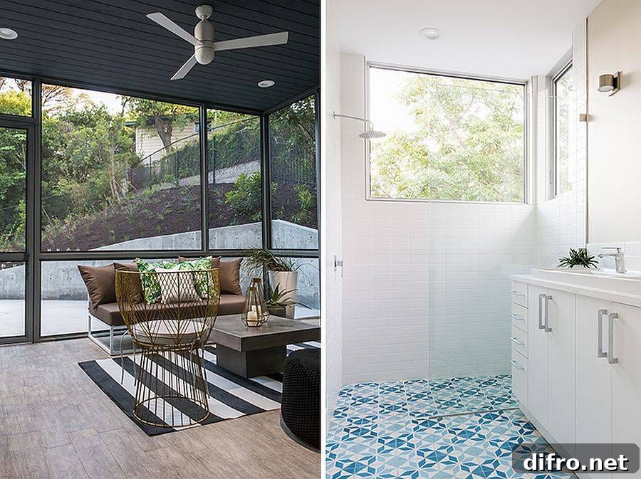 Look at the lovely porch and bathroom of the Rutherford Residence in Austin