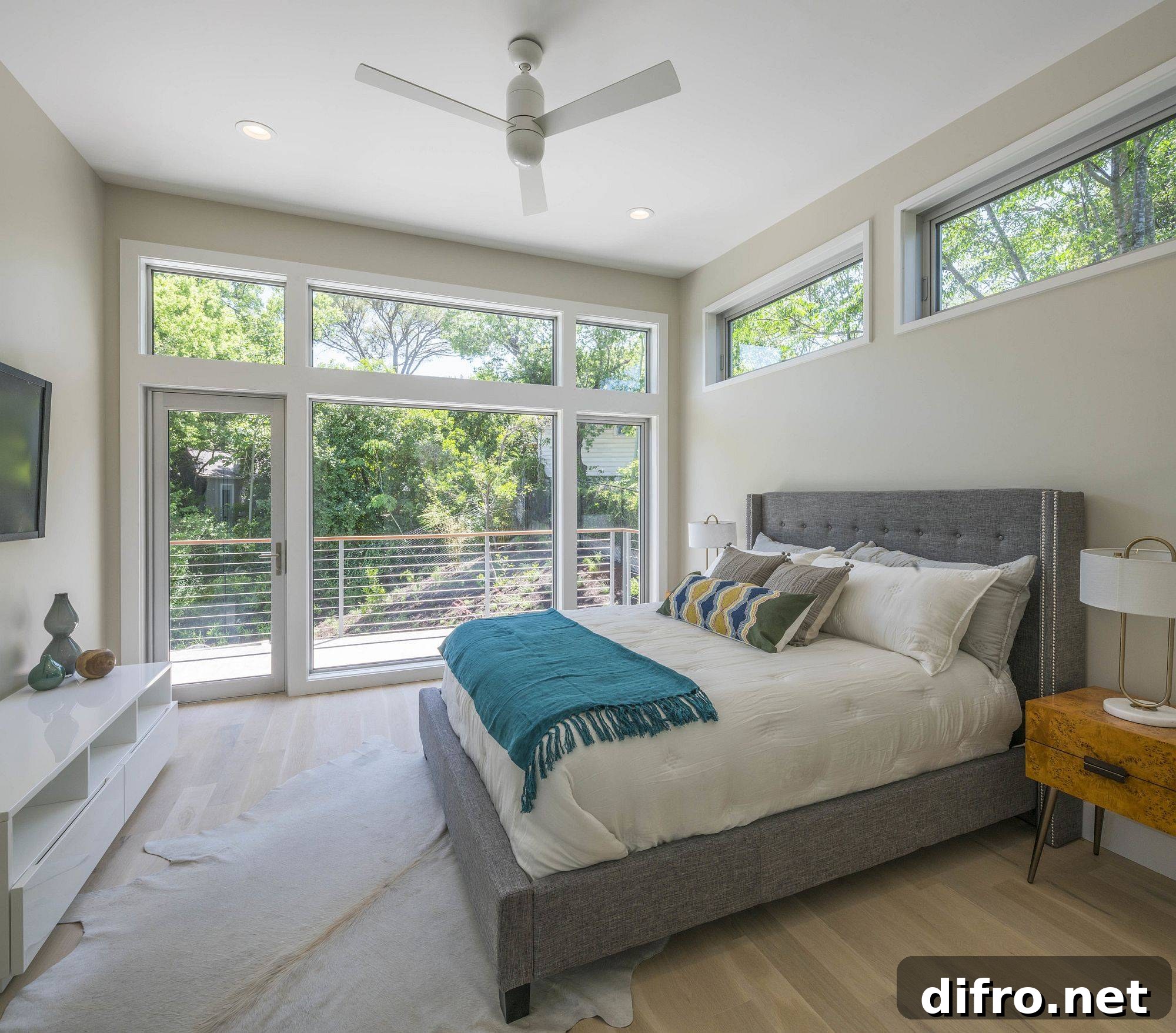 Contemporary bedroom of the home connected with the porch offers lovely green views