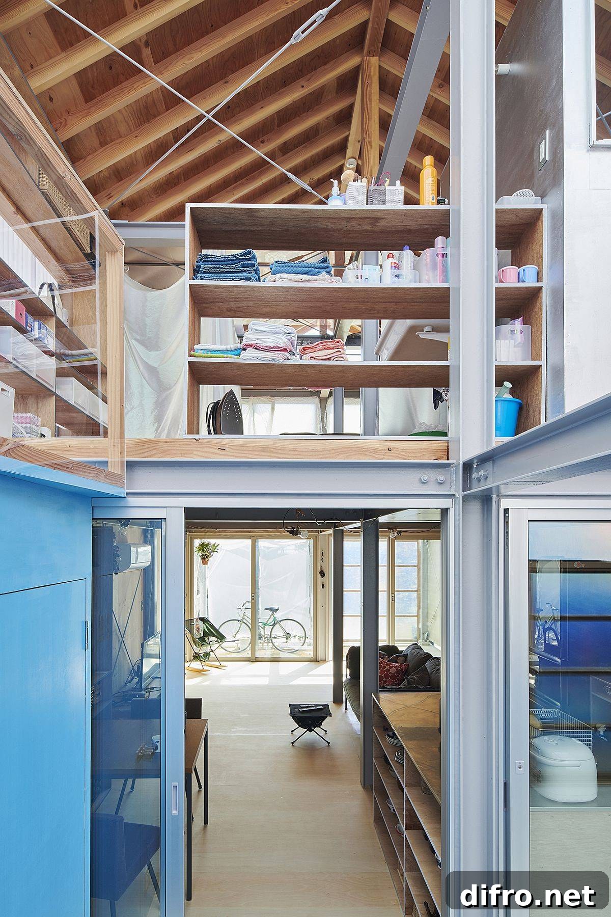 Adaptable Metal-Frame Japanese Home with Movable Walls 6 Interior showing metallic framework, smart shelves and a flexible floor plan