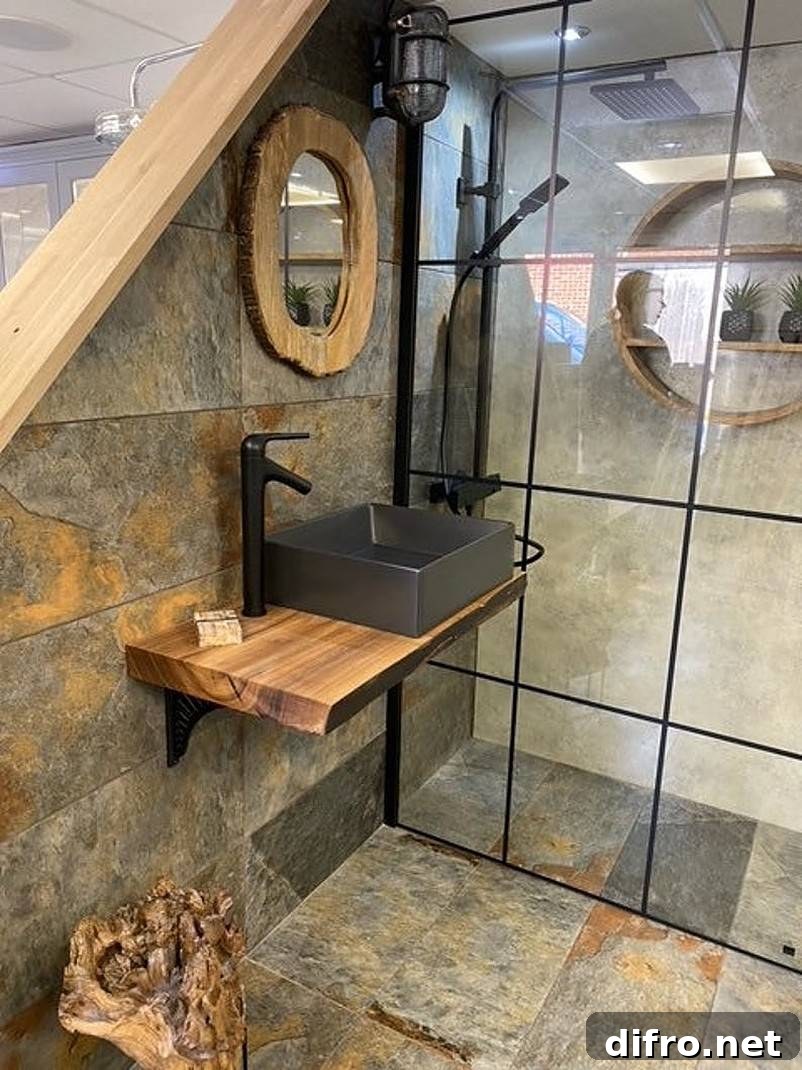 Rustic sink with wooden mirror