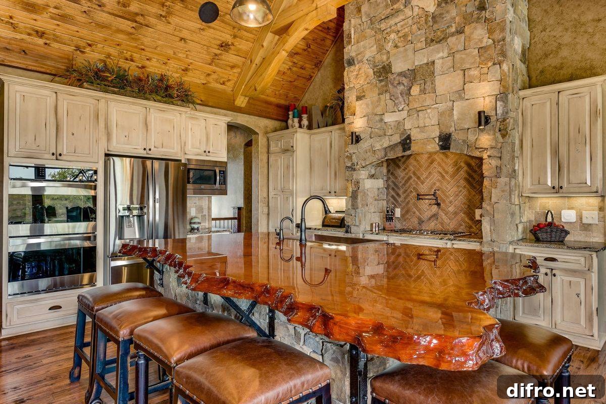 Rustic stone kitchen with live edge countertop