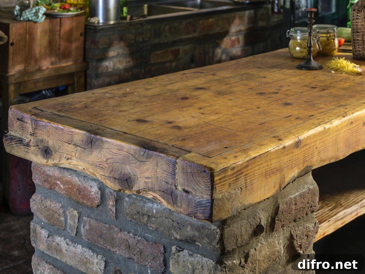 Wood countertop set on brick