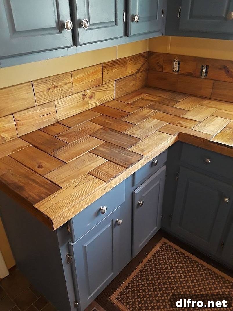 Rectangular wood cuts forming countertop