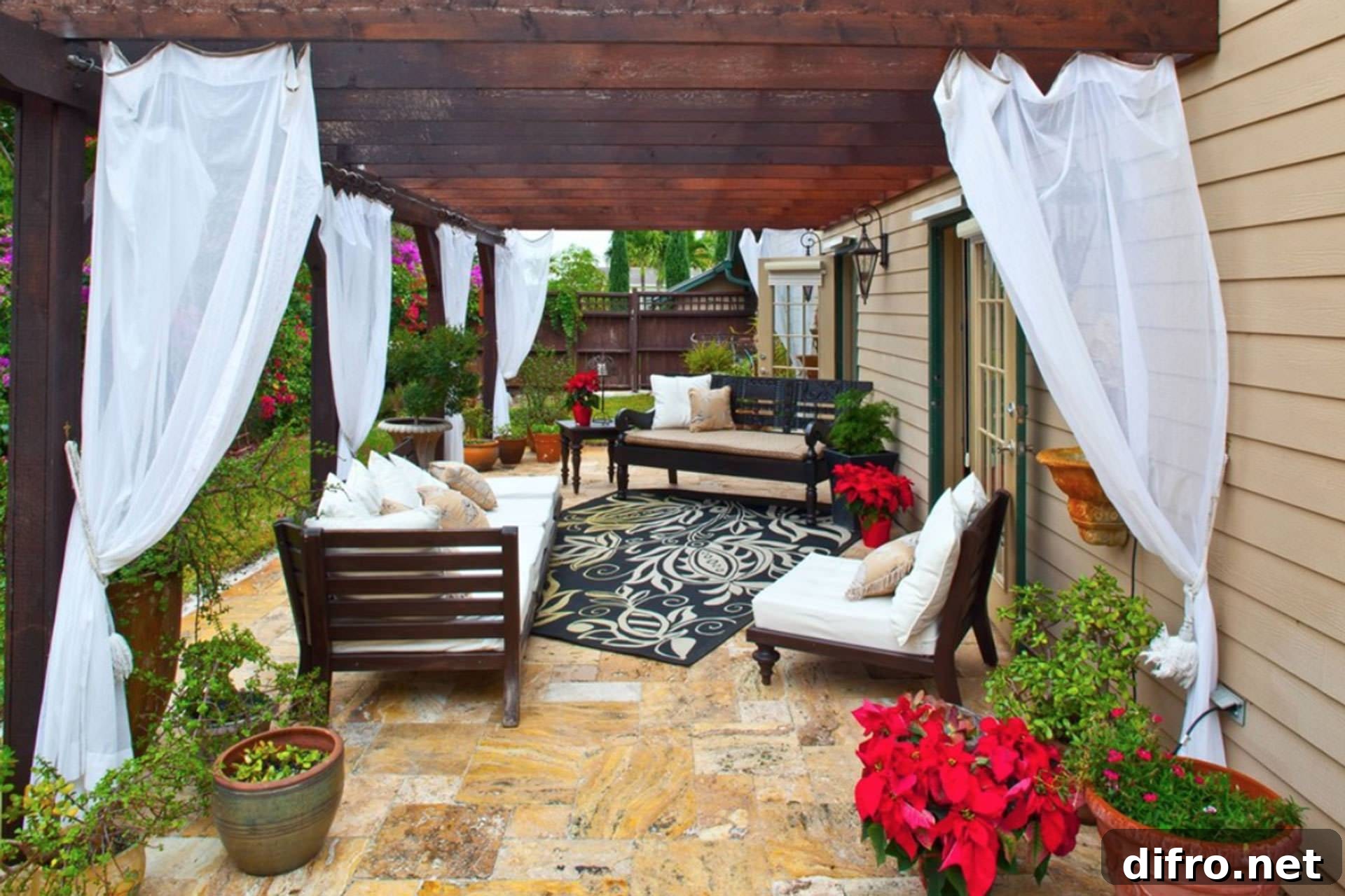 Pergola with Light, White Curtains