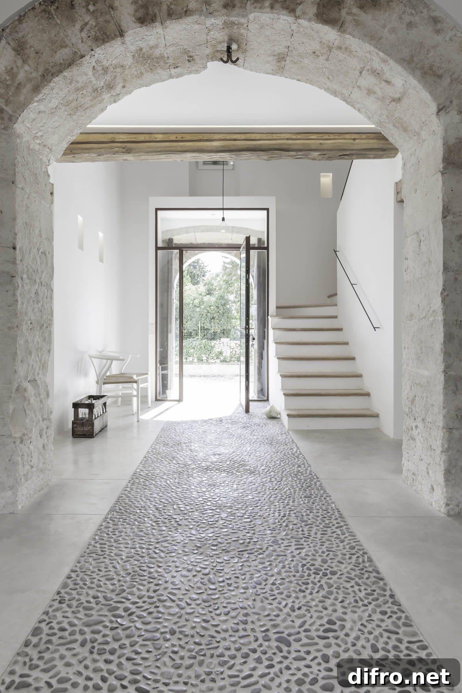 Entryway with pebbled stone floor