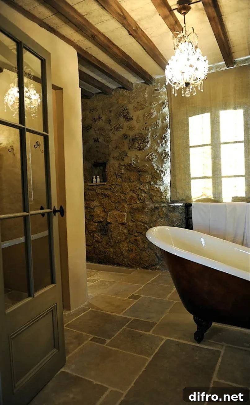 Bathroom with a tub and a chandelier