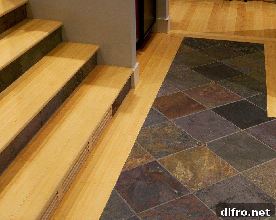 Travertine flooring in staircase landing