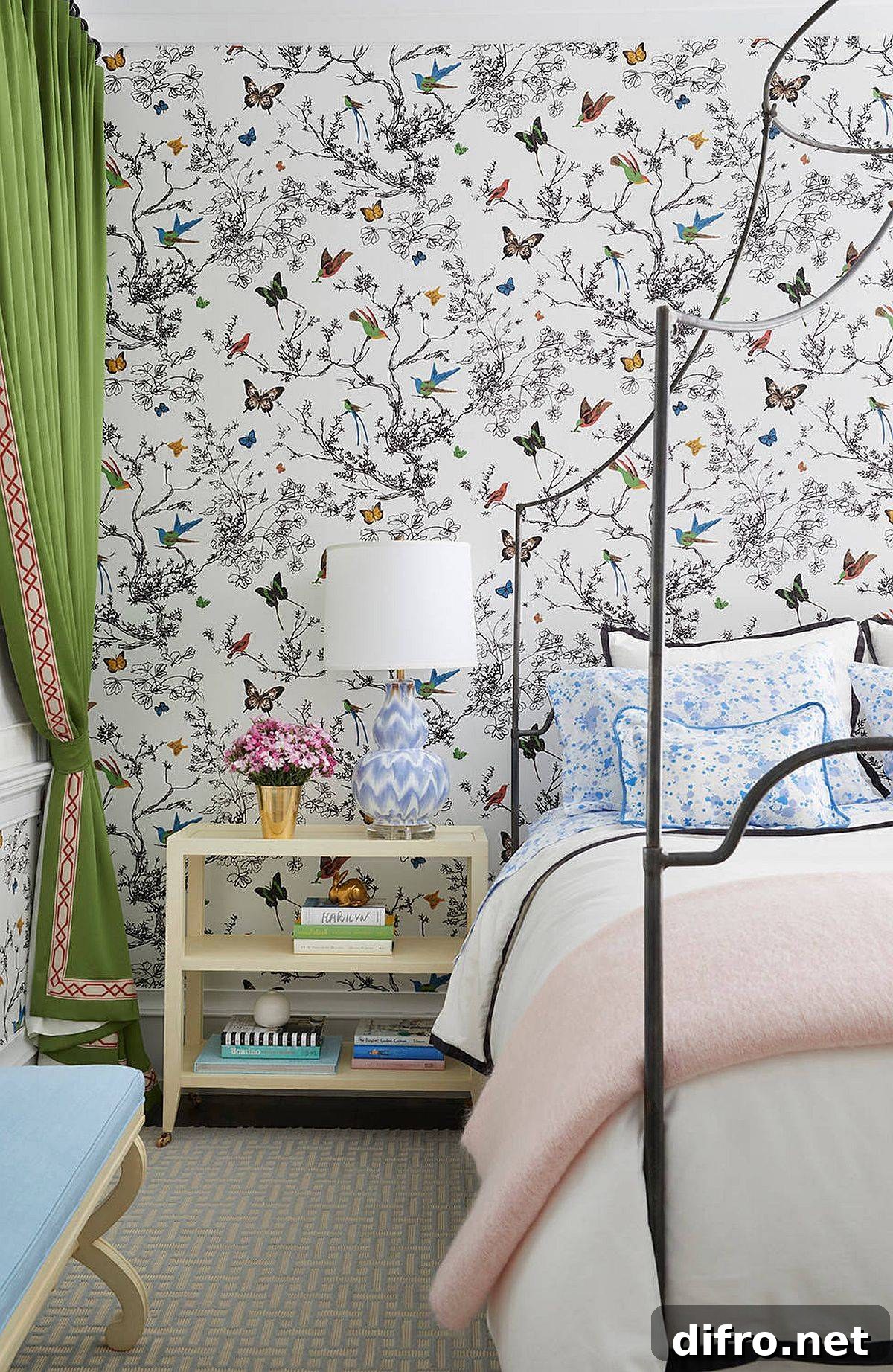 Birds and butterflies wallpaper for a contemporary bedroom