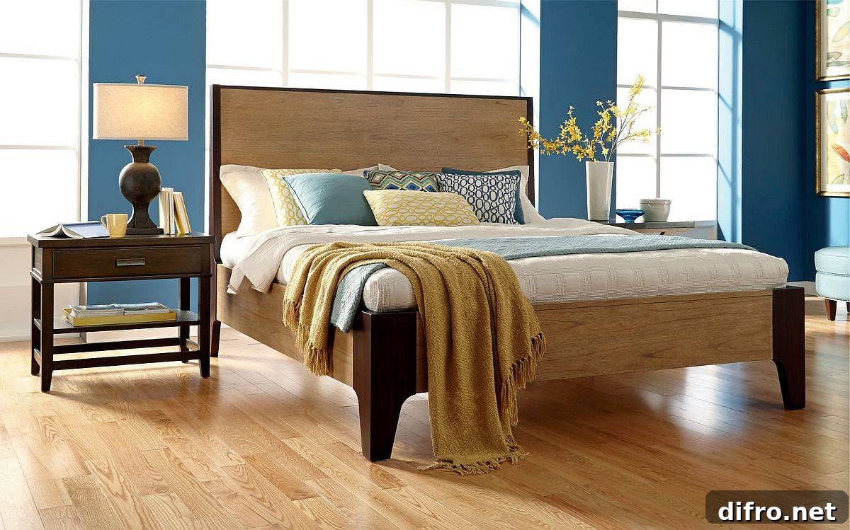 Blend of modern minimalism and blue splashes in the bedroom
