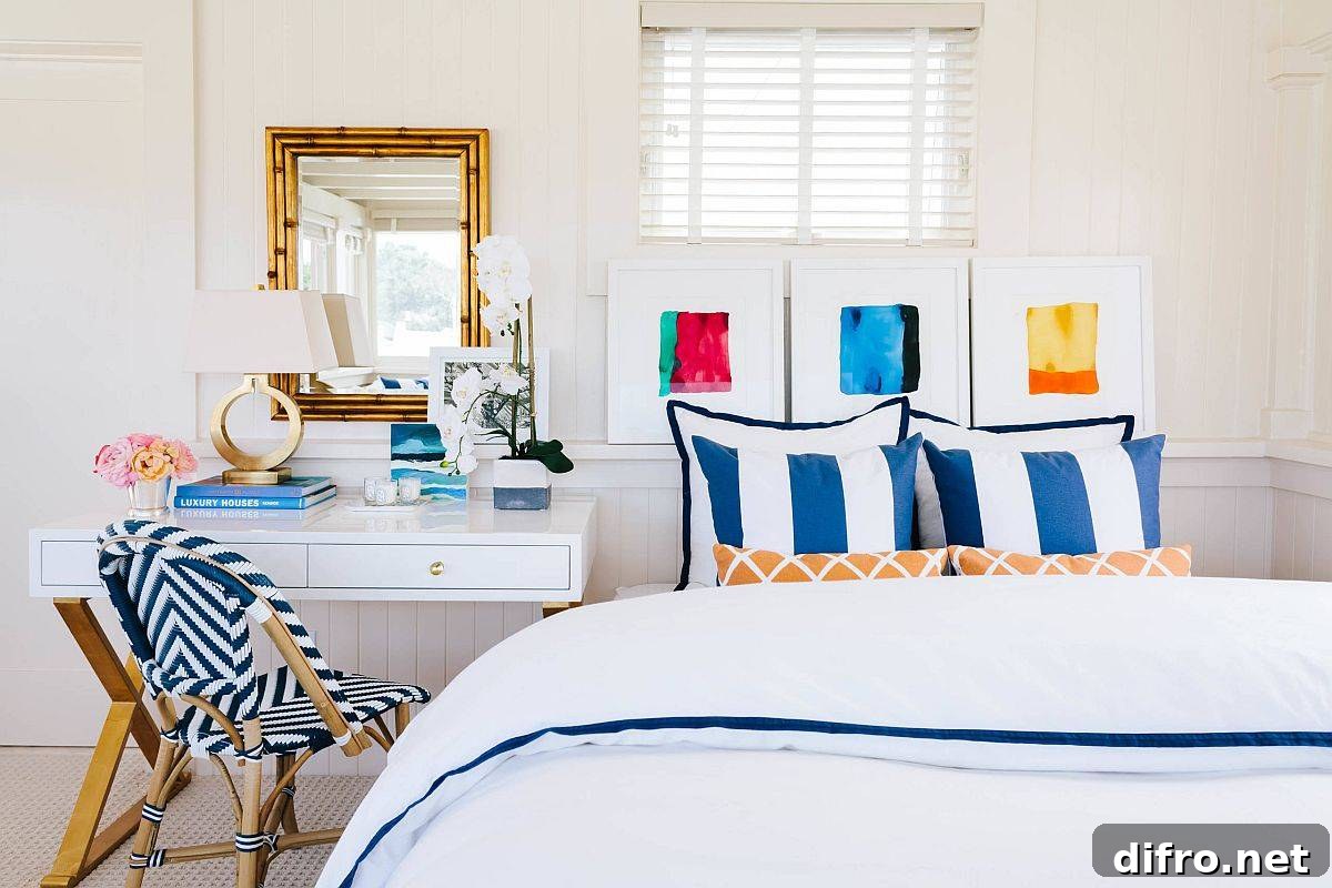 Brilliant pops of blue in a modern beach-style bedroom