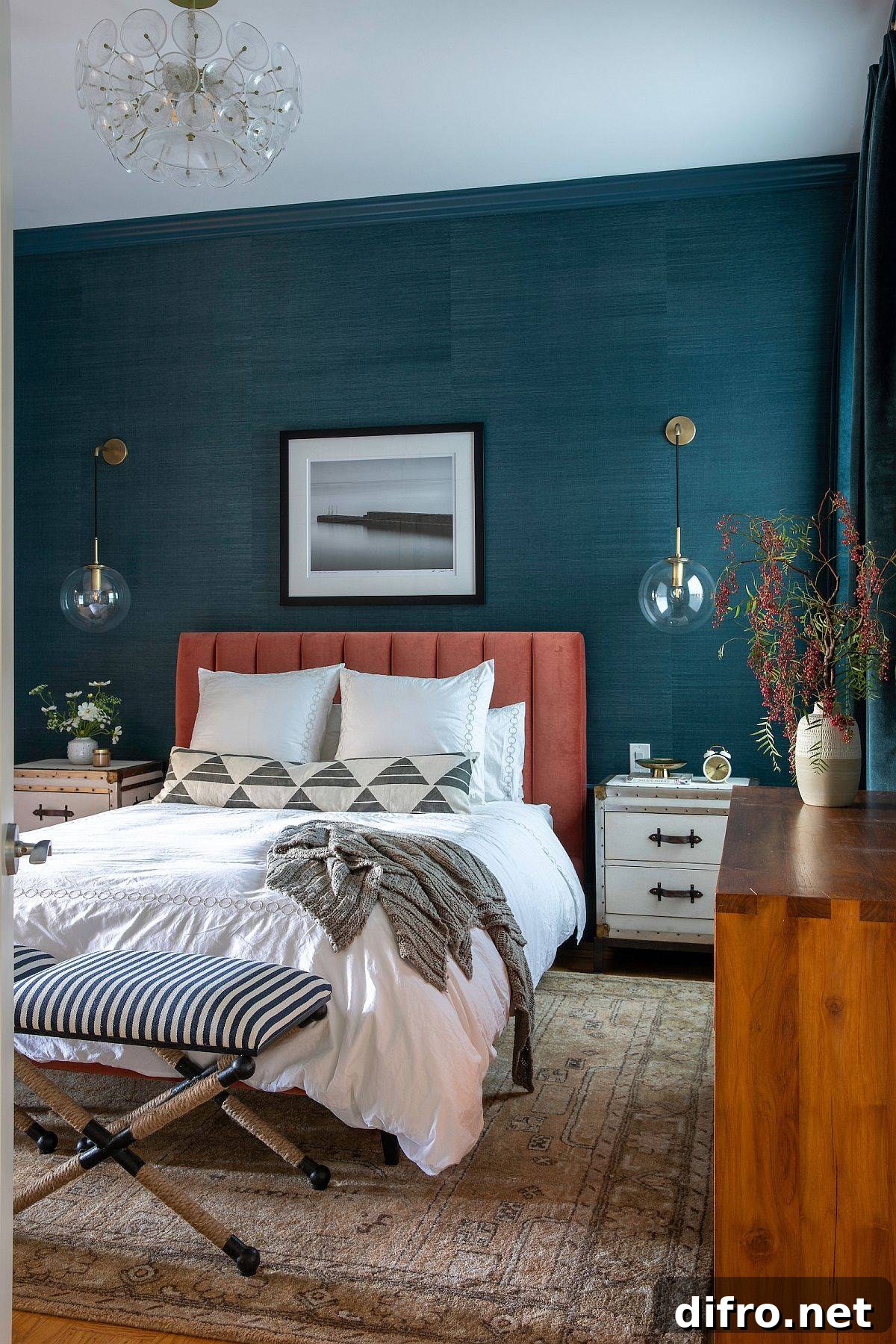 Dark teal accent wall for a modern bedroom