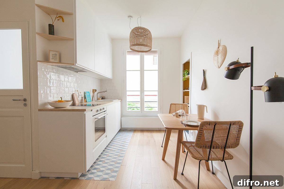 Tiny Scandinavian kitchen in wood and white with a small breakfast zone