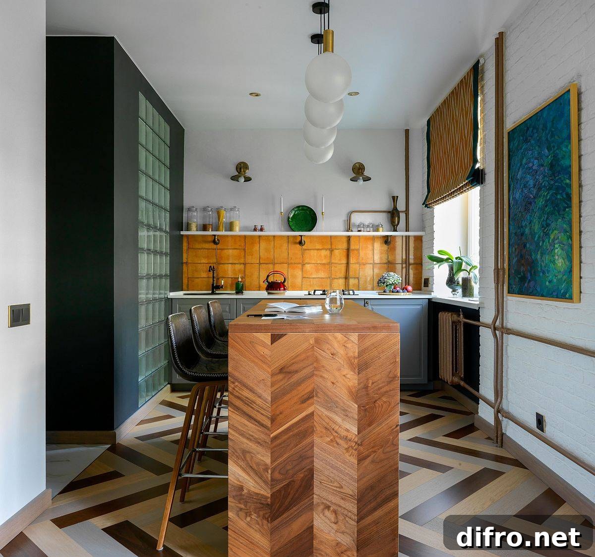 Custom wooden kitchen counter with chevron pattern and herringbone floor tiles