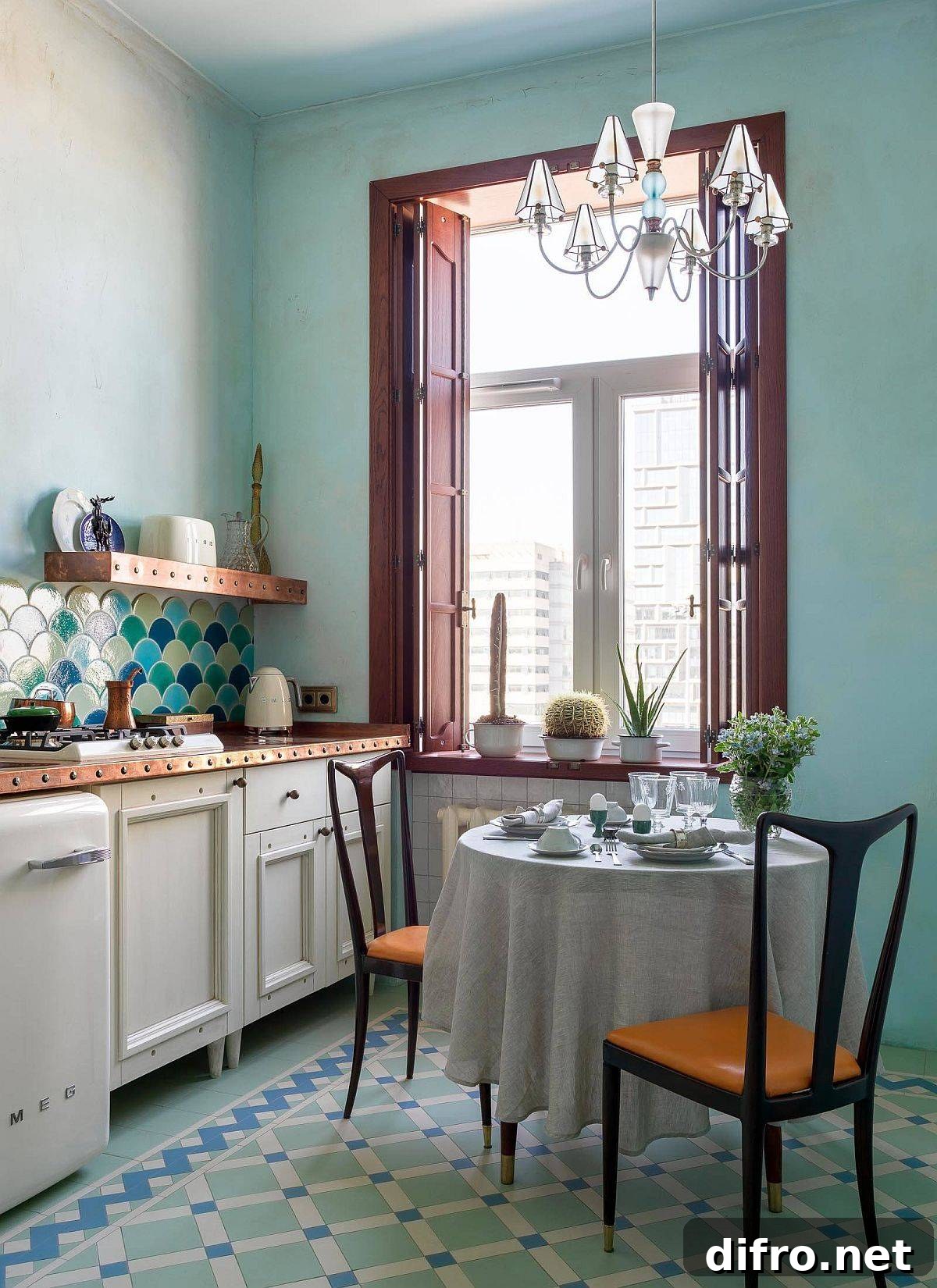 Color and organization in a compact eclectic kitchen