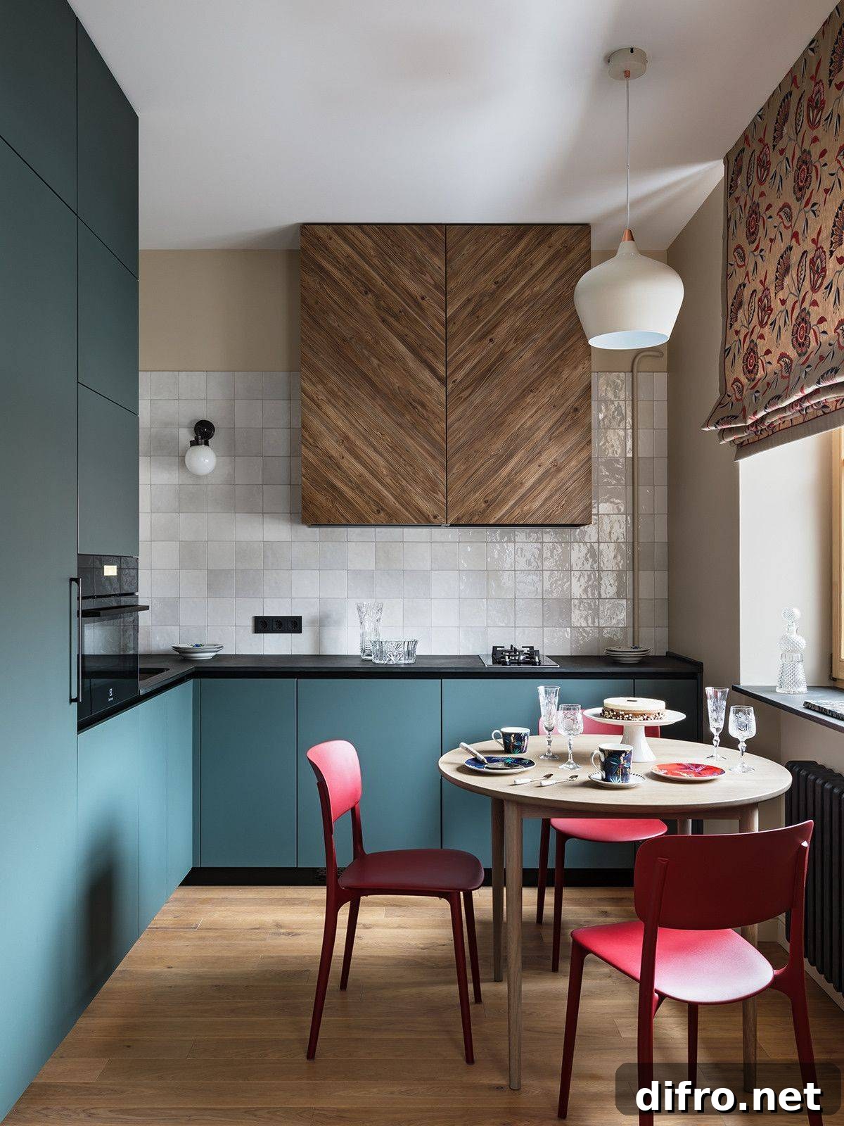 Small contemporary eat-in kitchen with unique wooden cabinet