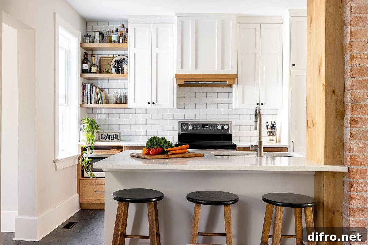 White tiles creating a neutral backdrop in a farmhouse kitchen