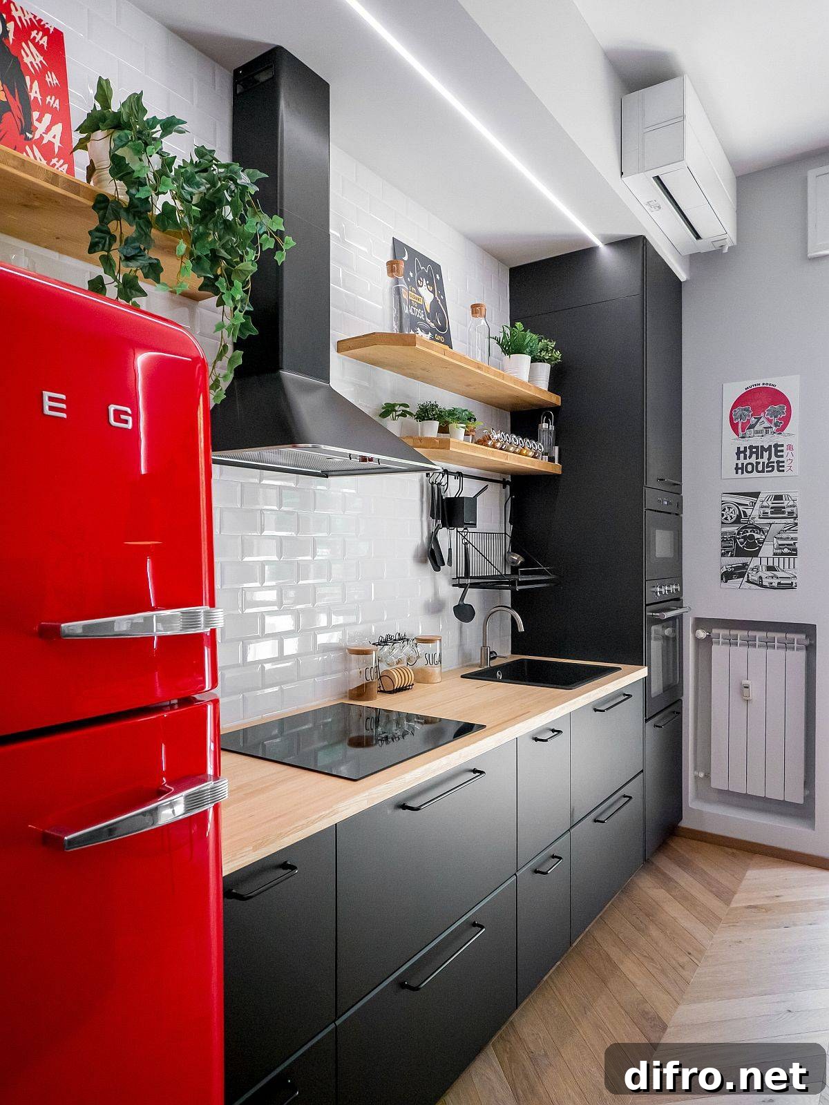 Modern industrial kitchen in white, wood and steely gray with vintage refrigerator
