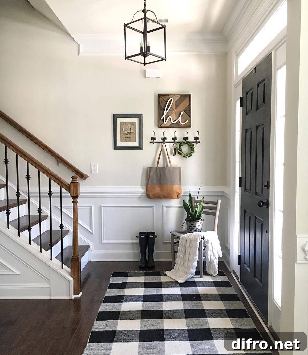Black and white rug under the stairs