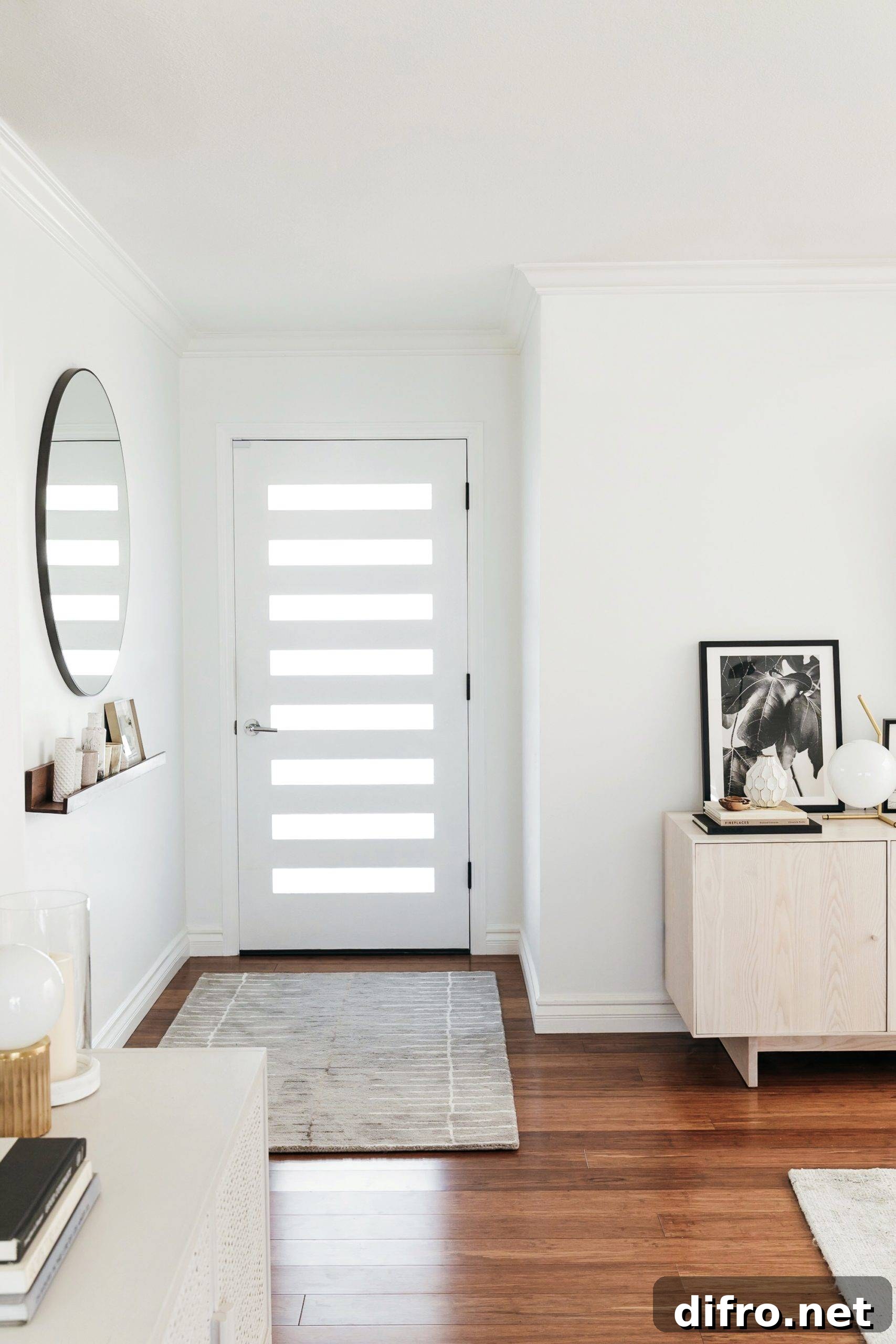 Round mirror hanging on wall beside white front door