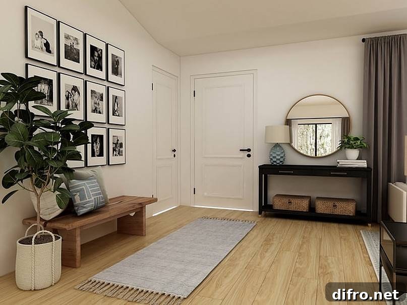 Brown entryway bench beside green plant