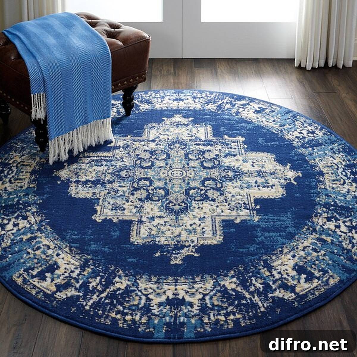 Round blue bohemian rug in doorway