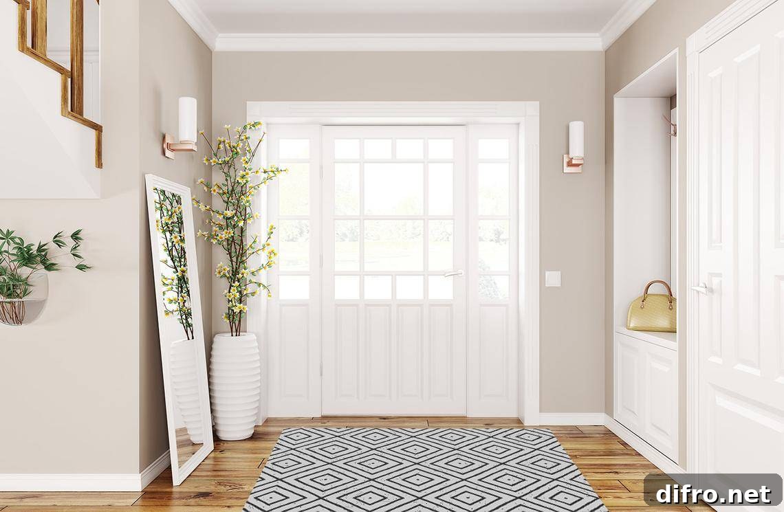 White entryway with yellow flowers on white pot