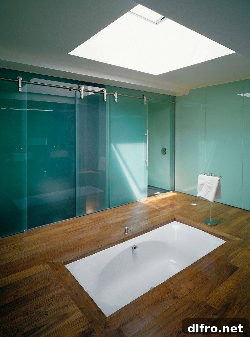 Minimalist Bathroom With White Sunken Tub.