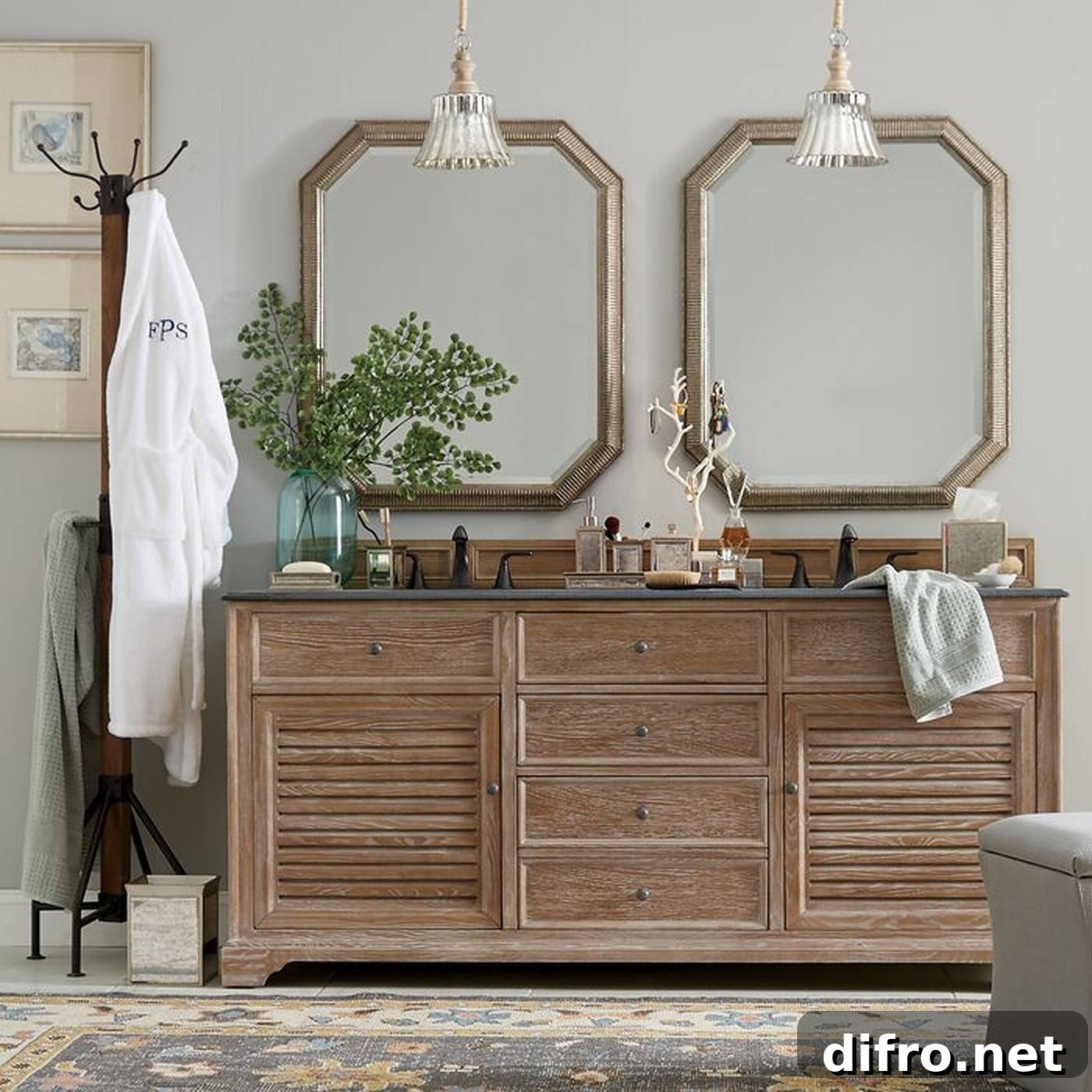 Double bathroom vanity with two mirrors and pendant lights