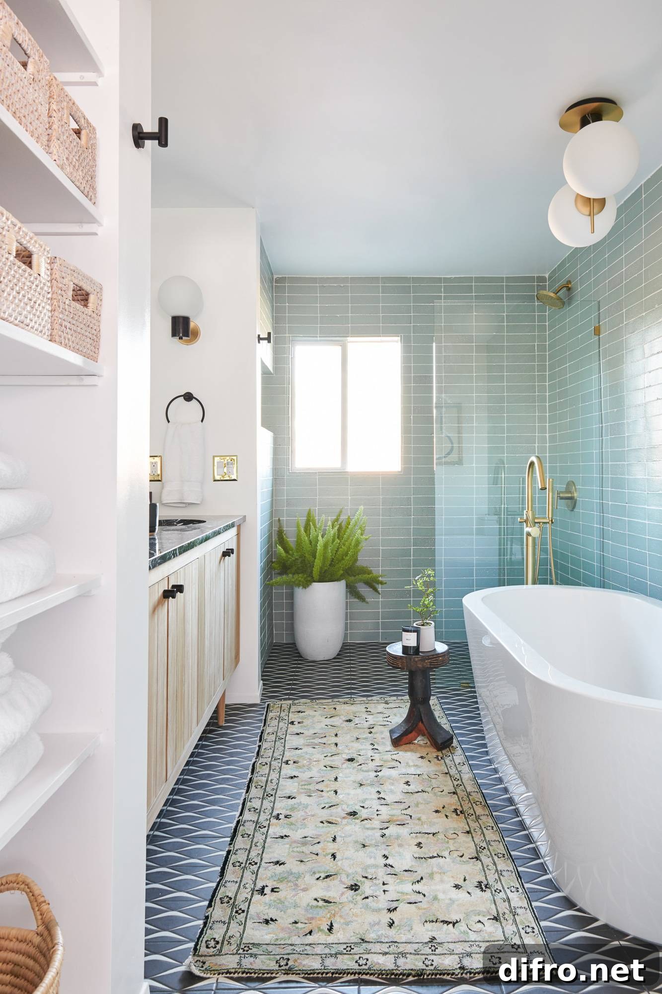 Potted plants beside bath tub