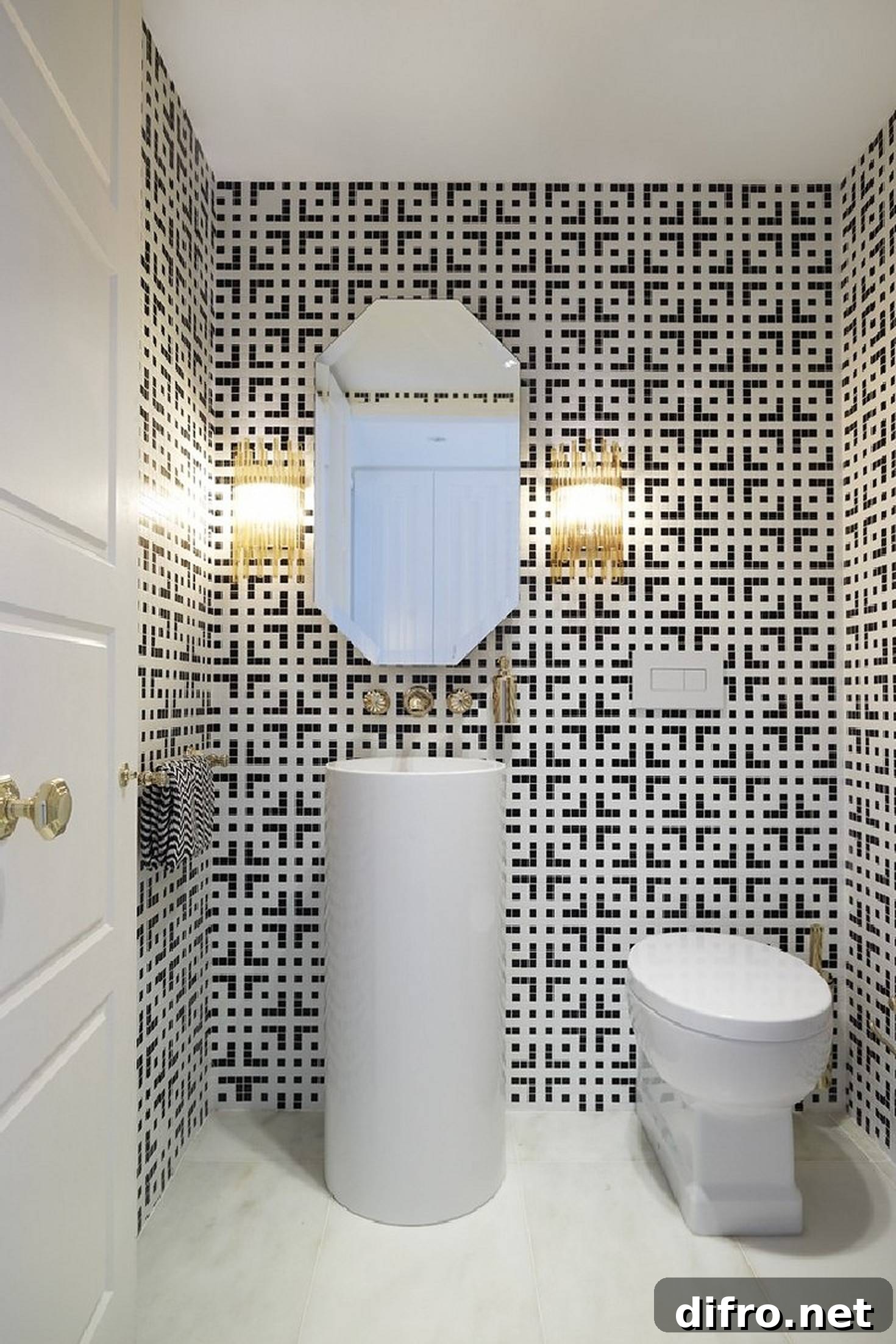 Bathroom with black and white wall tiles