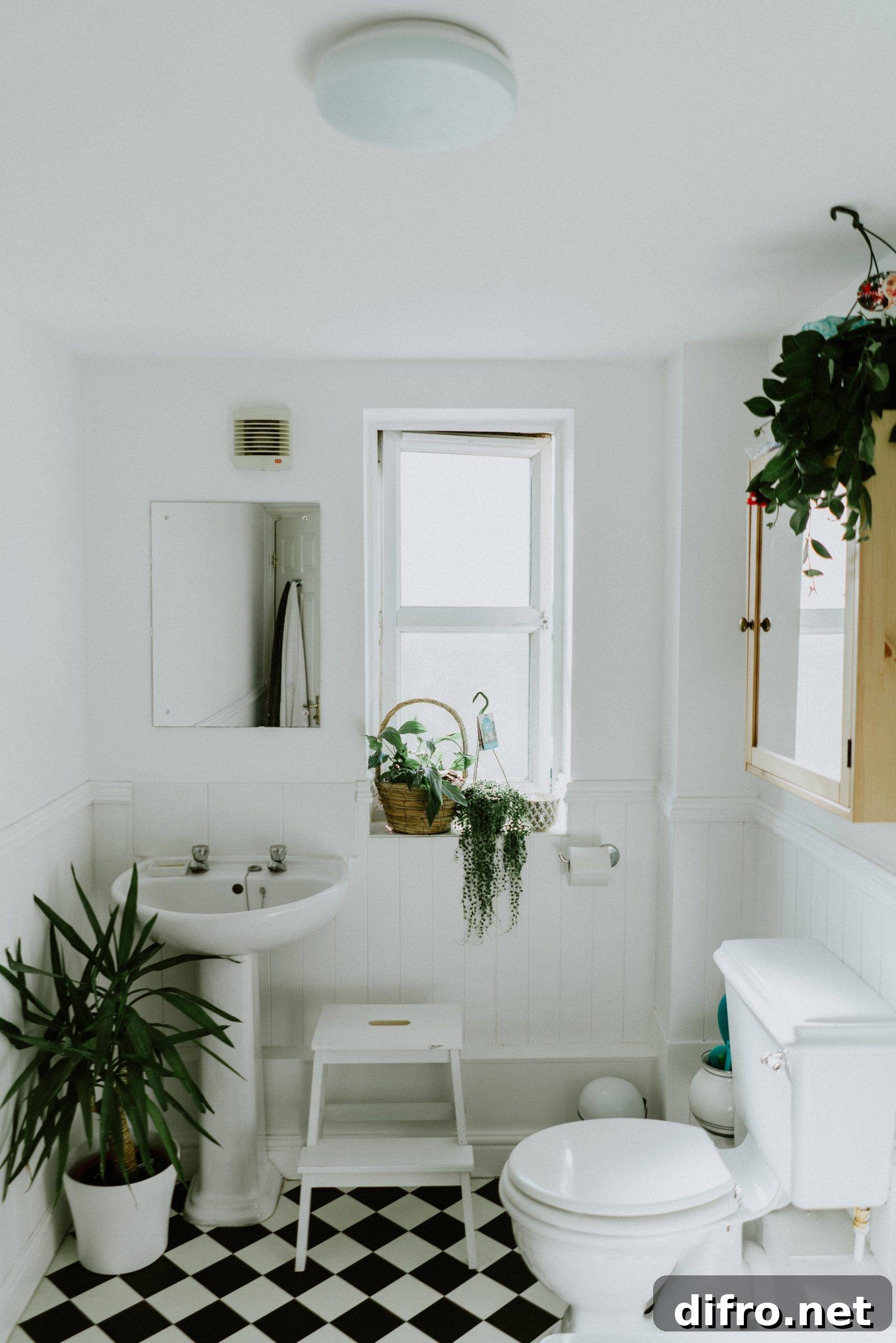 Black and white bathroom with green plants