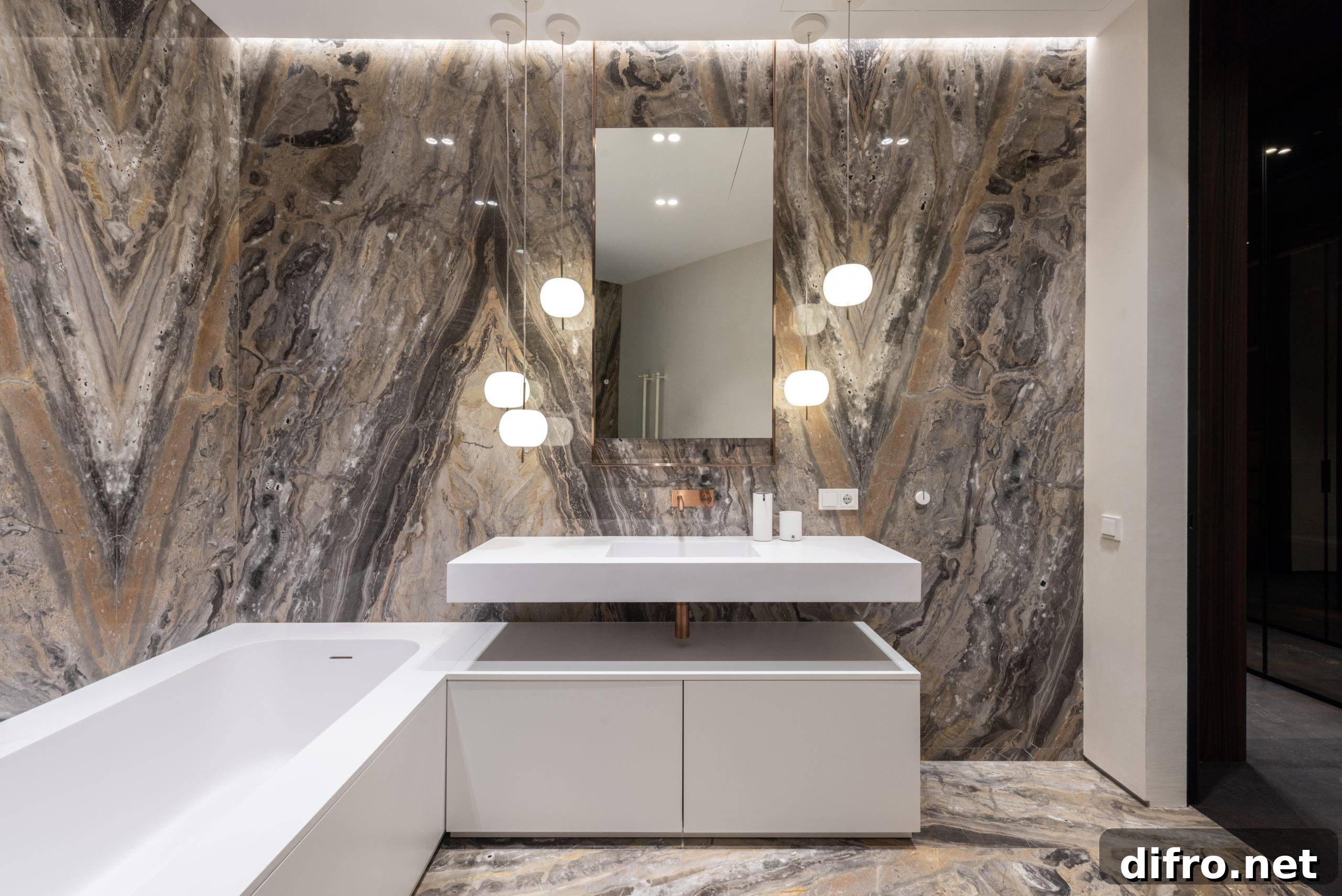 Elegant bathroom with white tub and sink