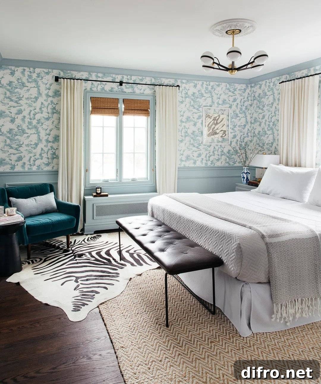 Cowhide Rug in a Wallpapered Room