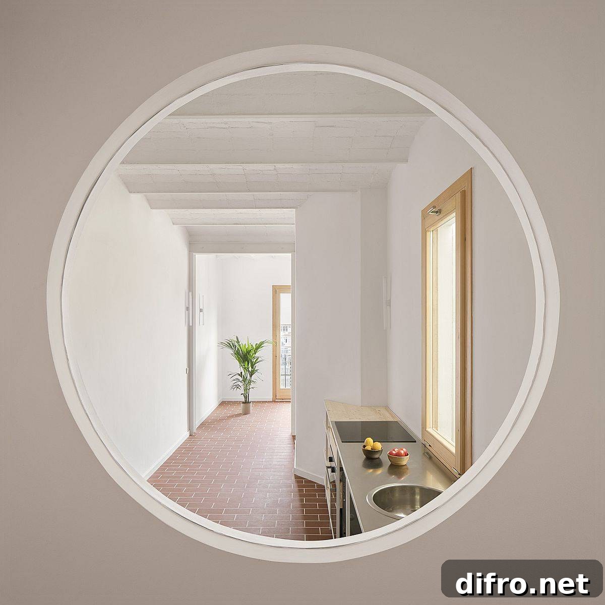 Circular window linking kitchen and living area to a secondary room