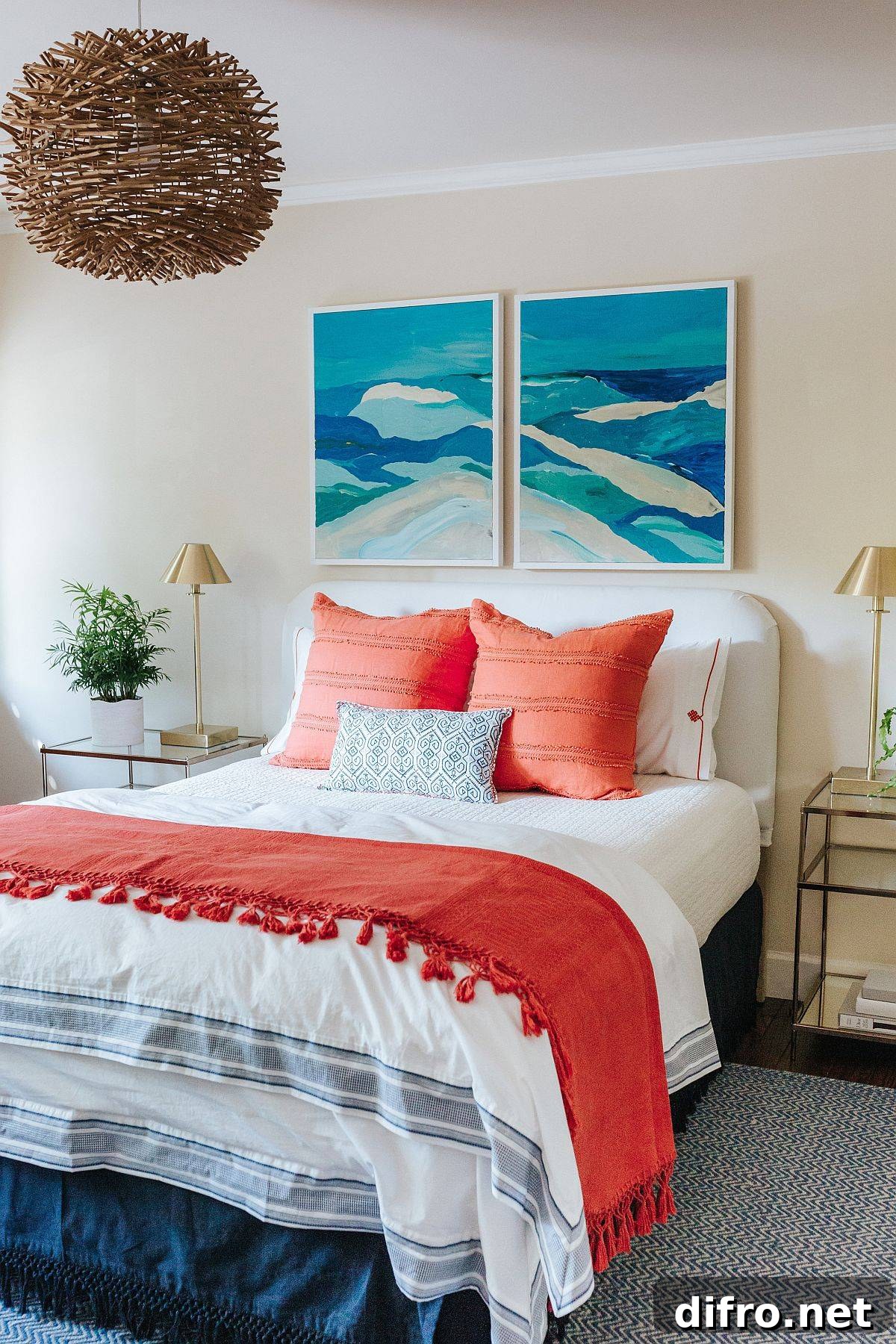 Coral accent pillows with blue wall art in the bedroom