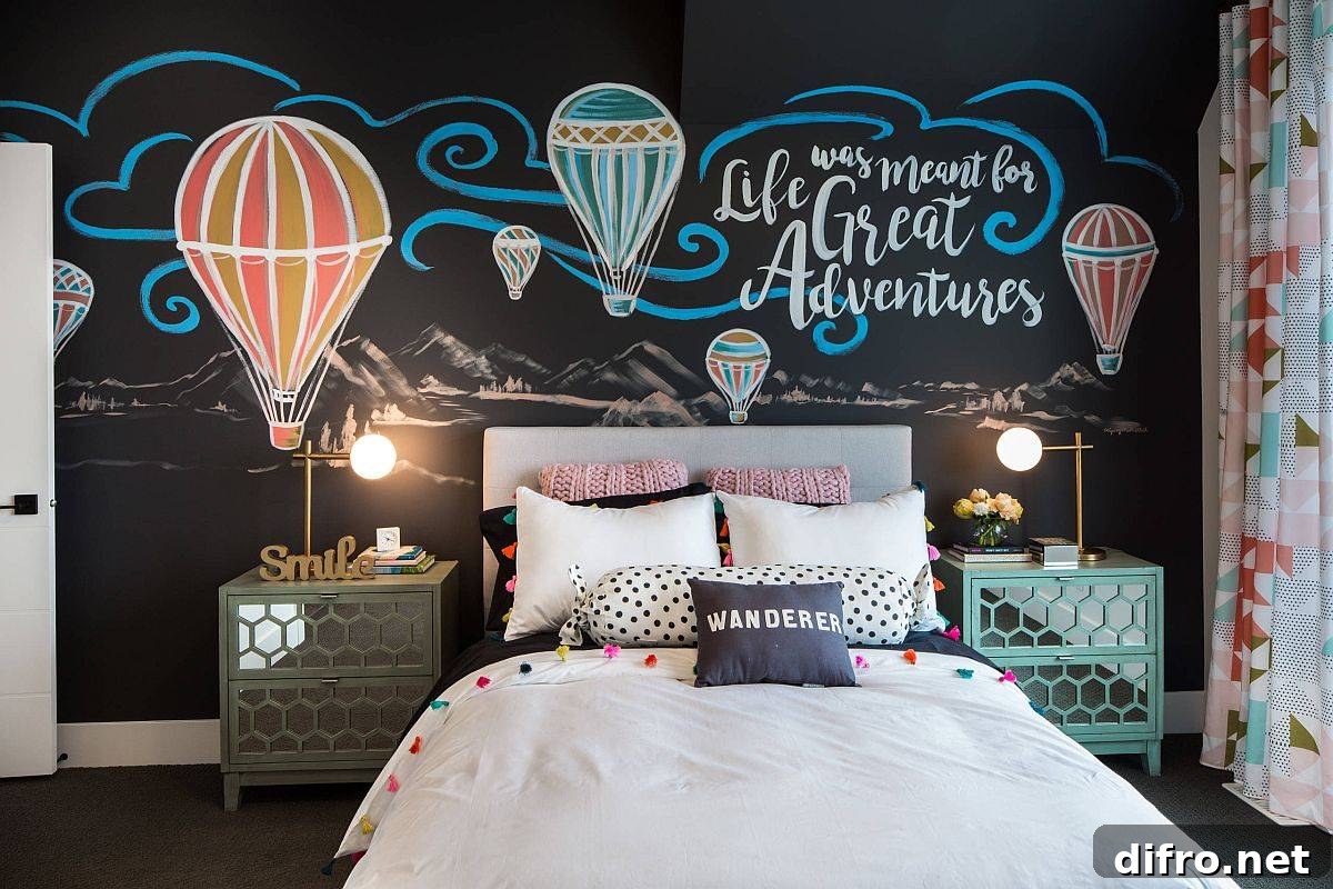 Imaginative backdrop in black for the snazzy teen bedroom with ample natural light