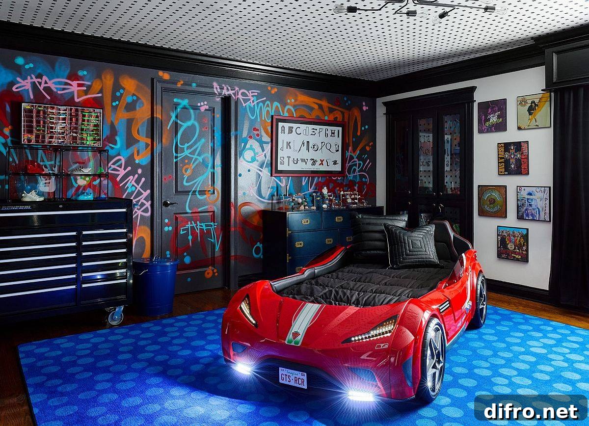 Graffiti-style wall in black for the trendy kids’ bedroom full of energy
