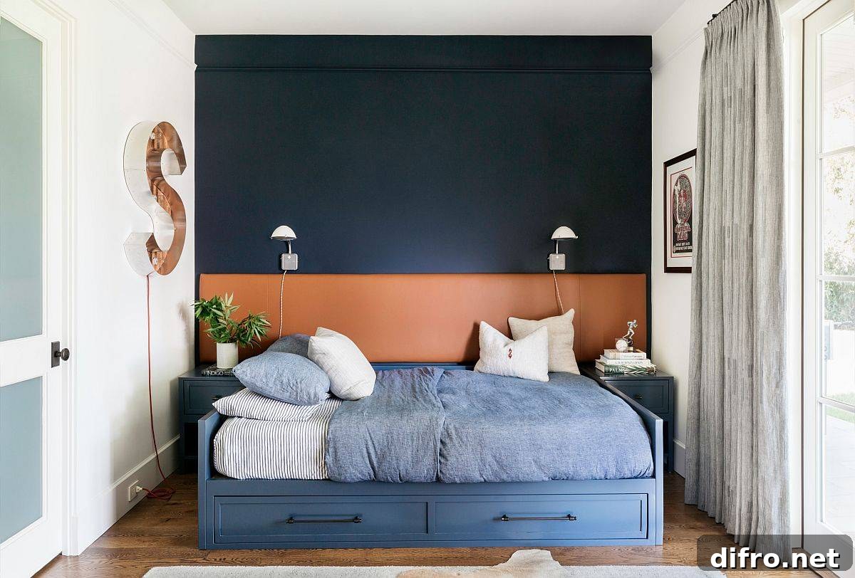 Contemporary kids’ room with sophisticated blend of black and orange in the backdrop