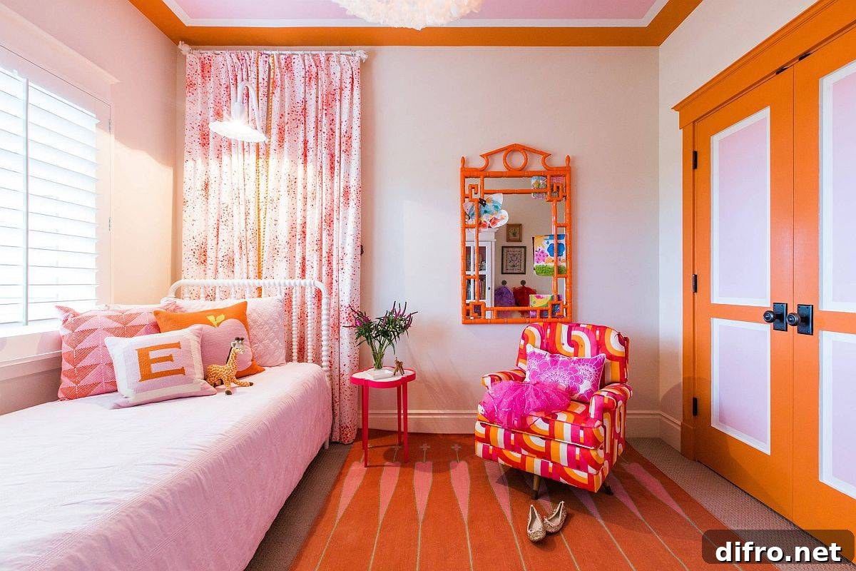 Gorgeous and balanced use of orange and pink in the modern girls’ bedroom