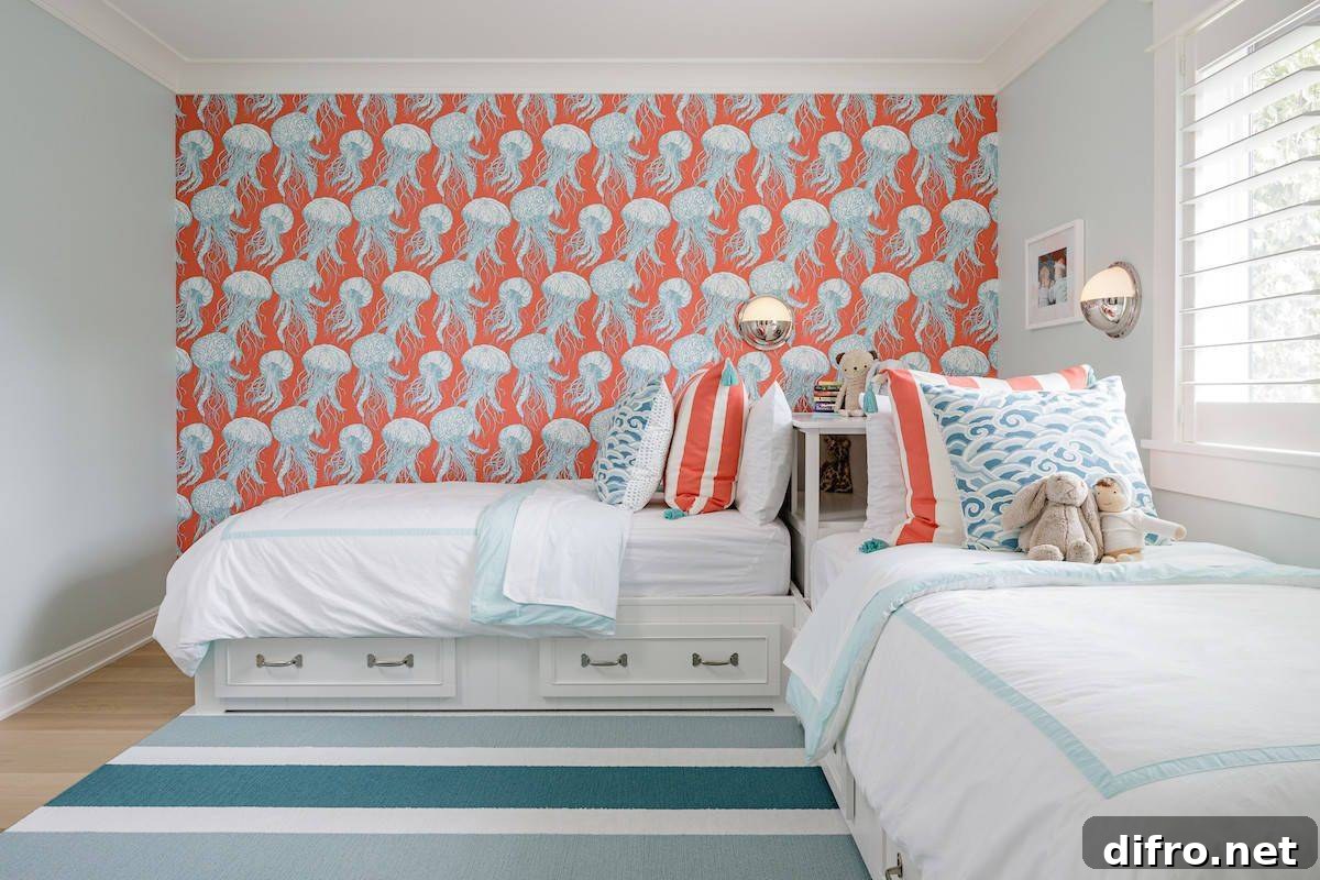 Wallpaper and accent pillows bring color into this kids’ room