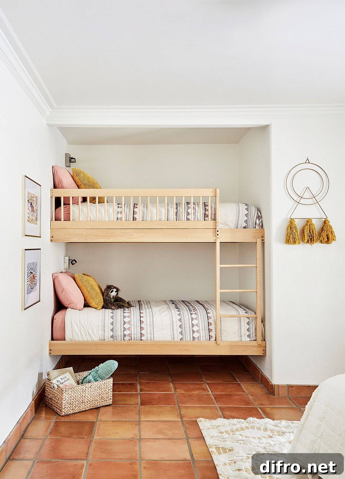 Lovely kids’ bedroom with bunk beds in the corner and terracotta floor tiles