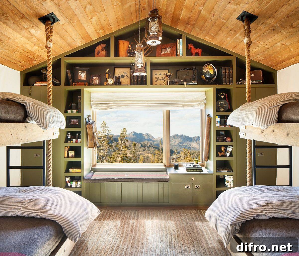 Comfortable and spacious cabin-style kids’ bedroom in wood and light green