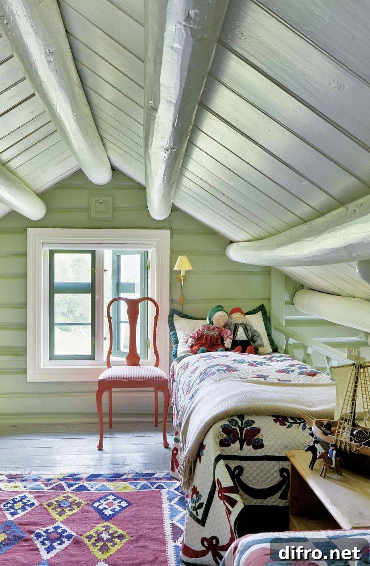 Cozy attic kids’ bedroom with paste green in the backdrop
