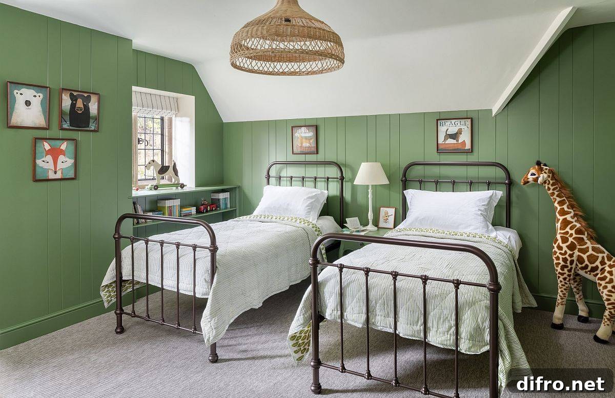 Green is a far less-used color in the kids’ bedroom when compared to reds, blue and yellow