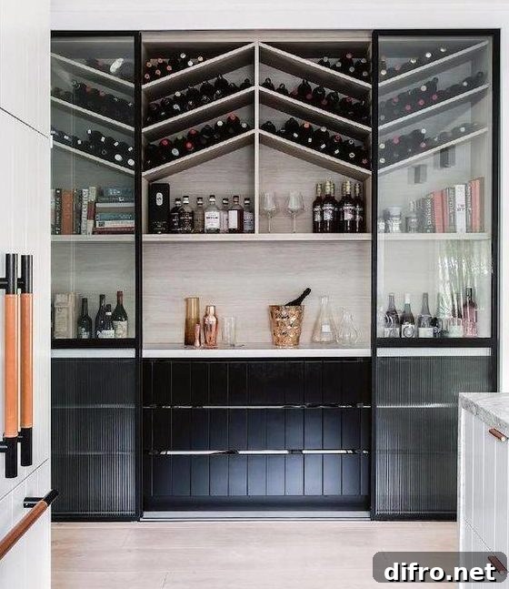 walk-in pantry with a unique arrangement for wine bottles and drinking glasses