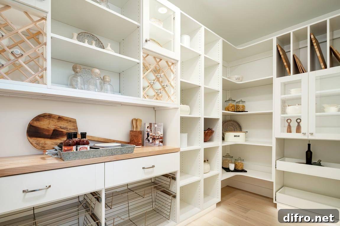 well organized walk-in pantry with different sizes of shelves