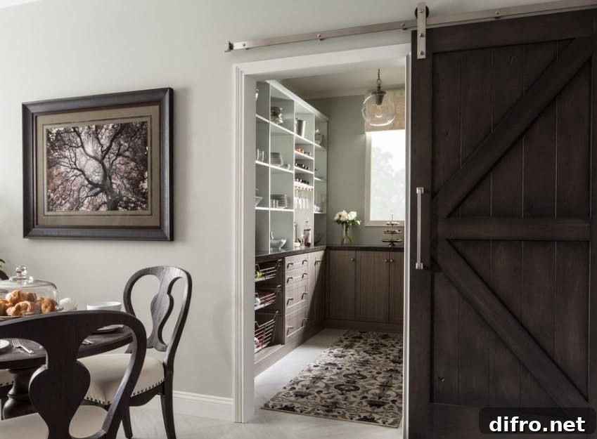 wooden sliding barn door opens into walk in pantry